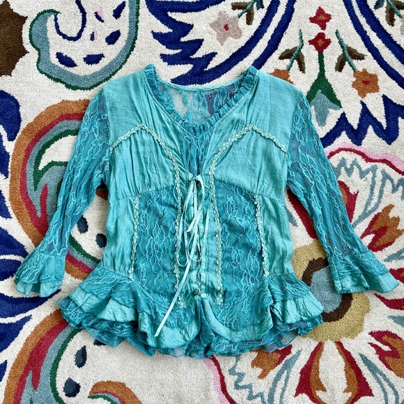 Pretty Angel Tops - Blue Green Boho Lace Corset Top 3/4 Sleeve